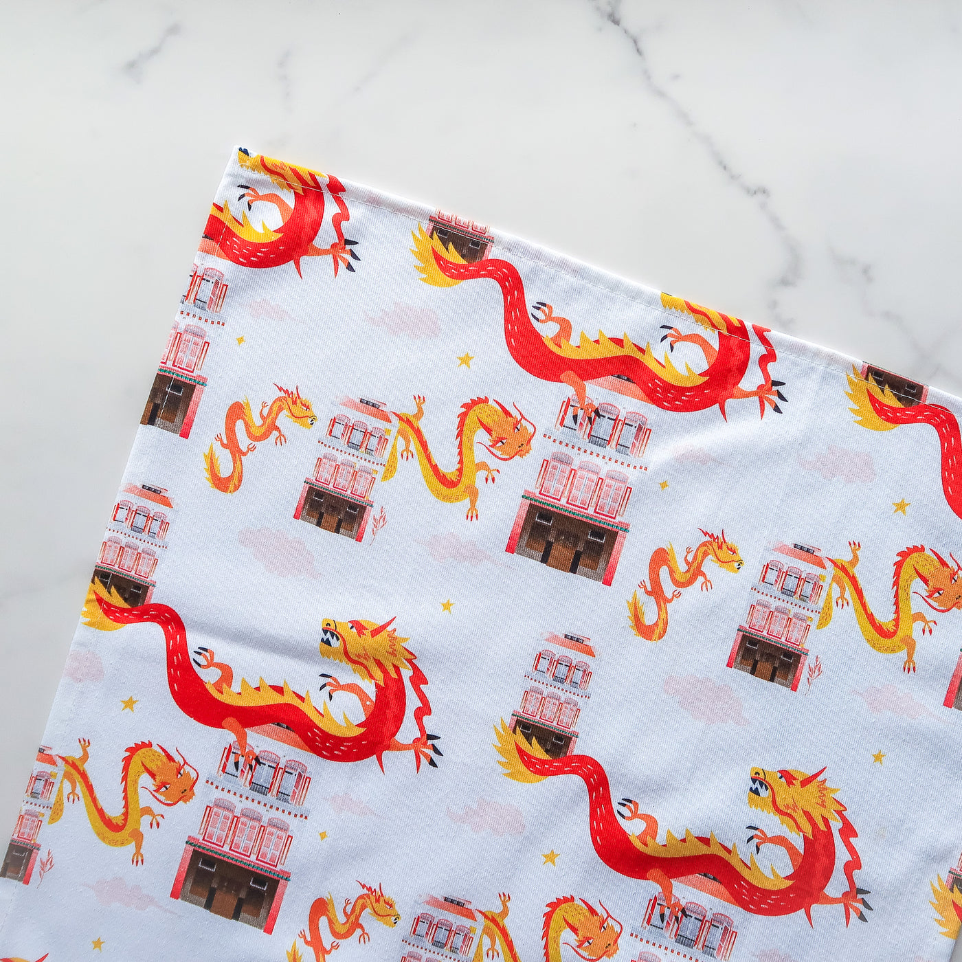 Singapore Shophouse CNY Year of the Dragon Tea Towel - Red