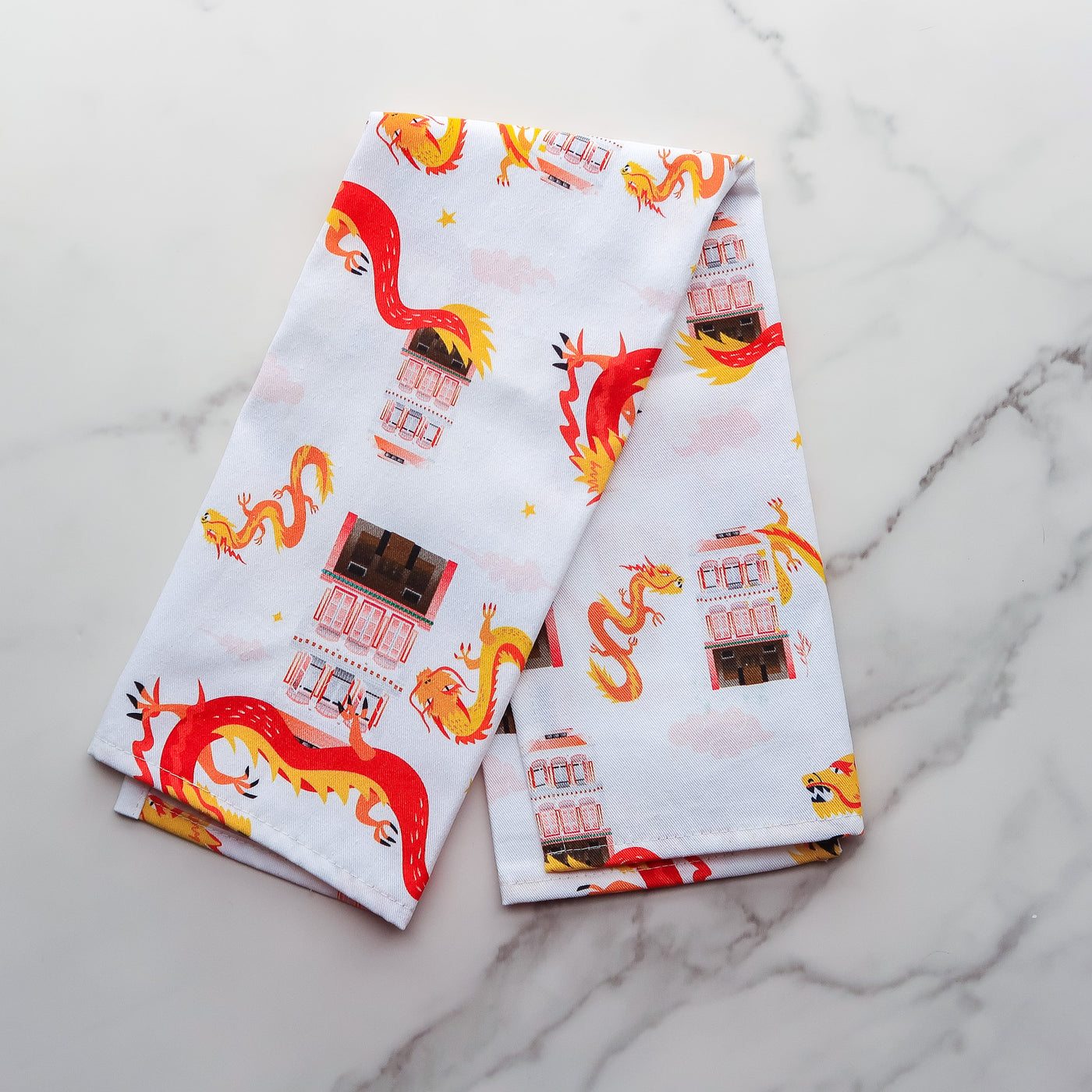 Singapore Shophouse CNY Year of the Dragon Tea Towel - Red