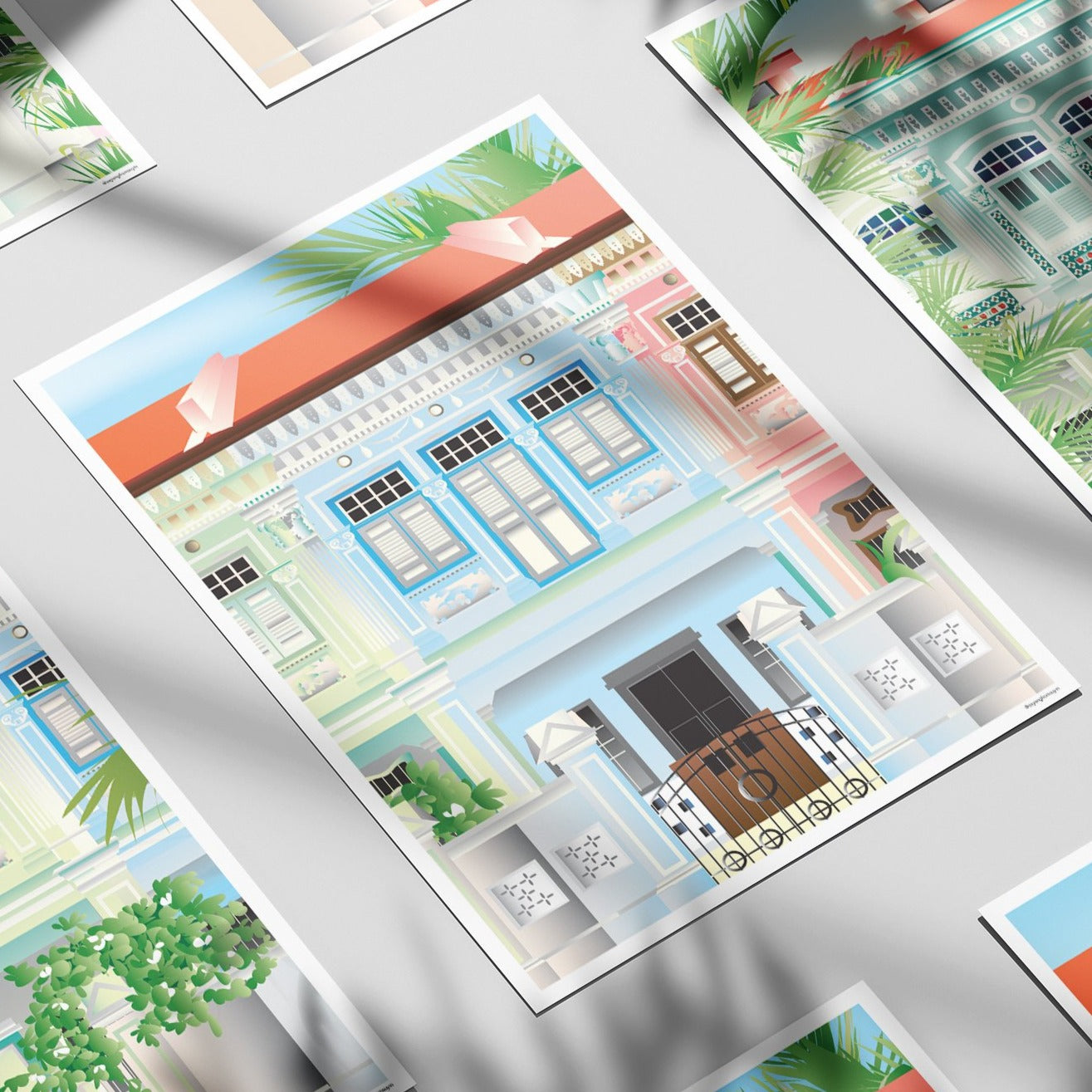 Singapore - Blue Shophouse Illustrated Print