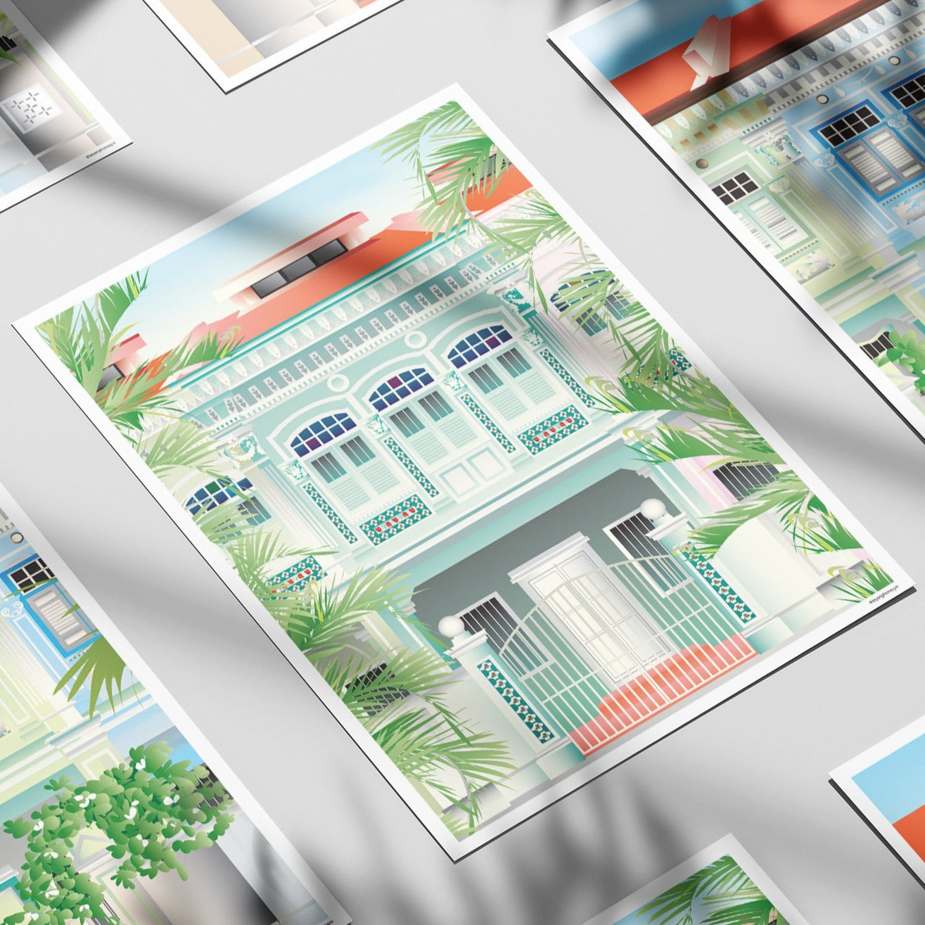 Singapore - Green Shophouse Illustrated Print