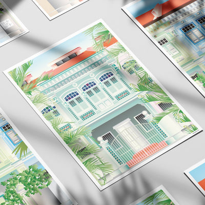 Singapore - Green Shophouse Illustrated Print