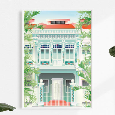 Singapore - Green Shophouse Illustrated Print