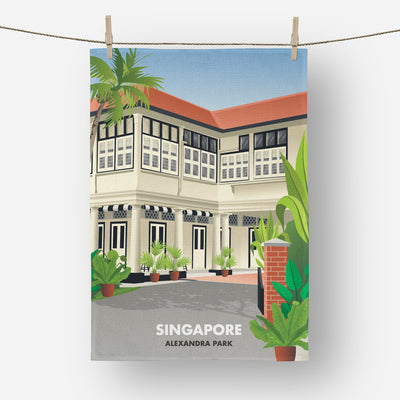 Singapore - Black and White Colonial House Tea Towel