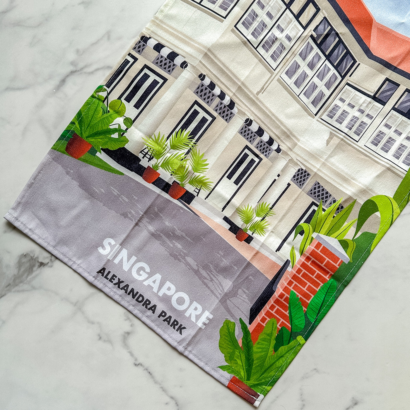 Singapore - Black and White Colonial House Tea Towel