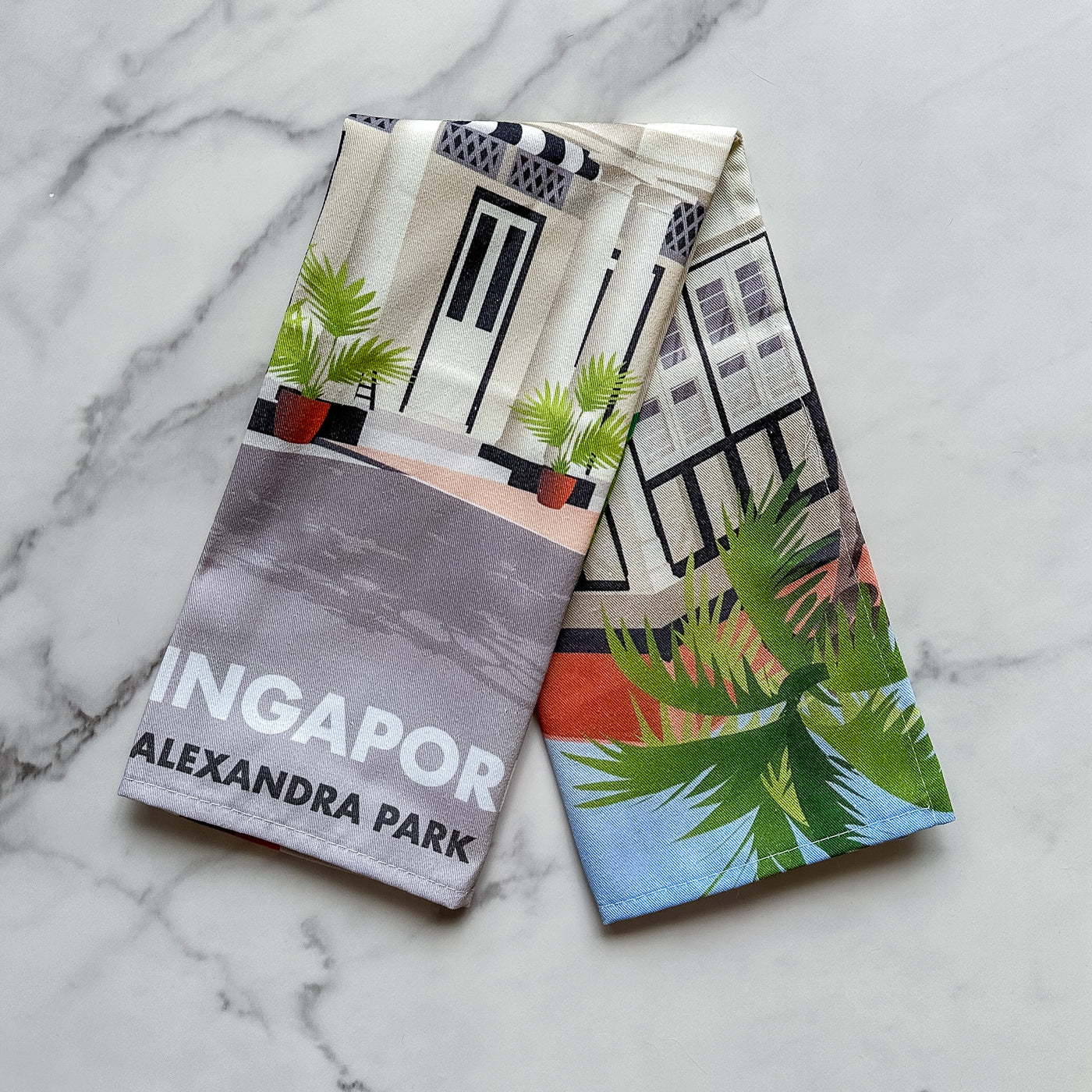 Singapore - Black and White Colonial House Tea Towel