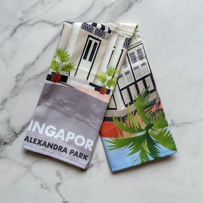 Singapore - Black and White Colonial House Tea Towel