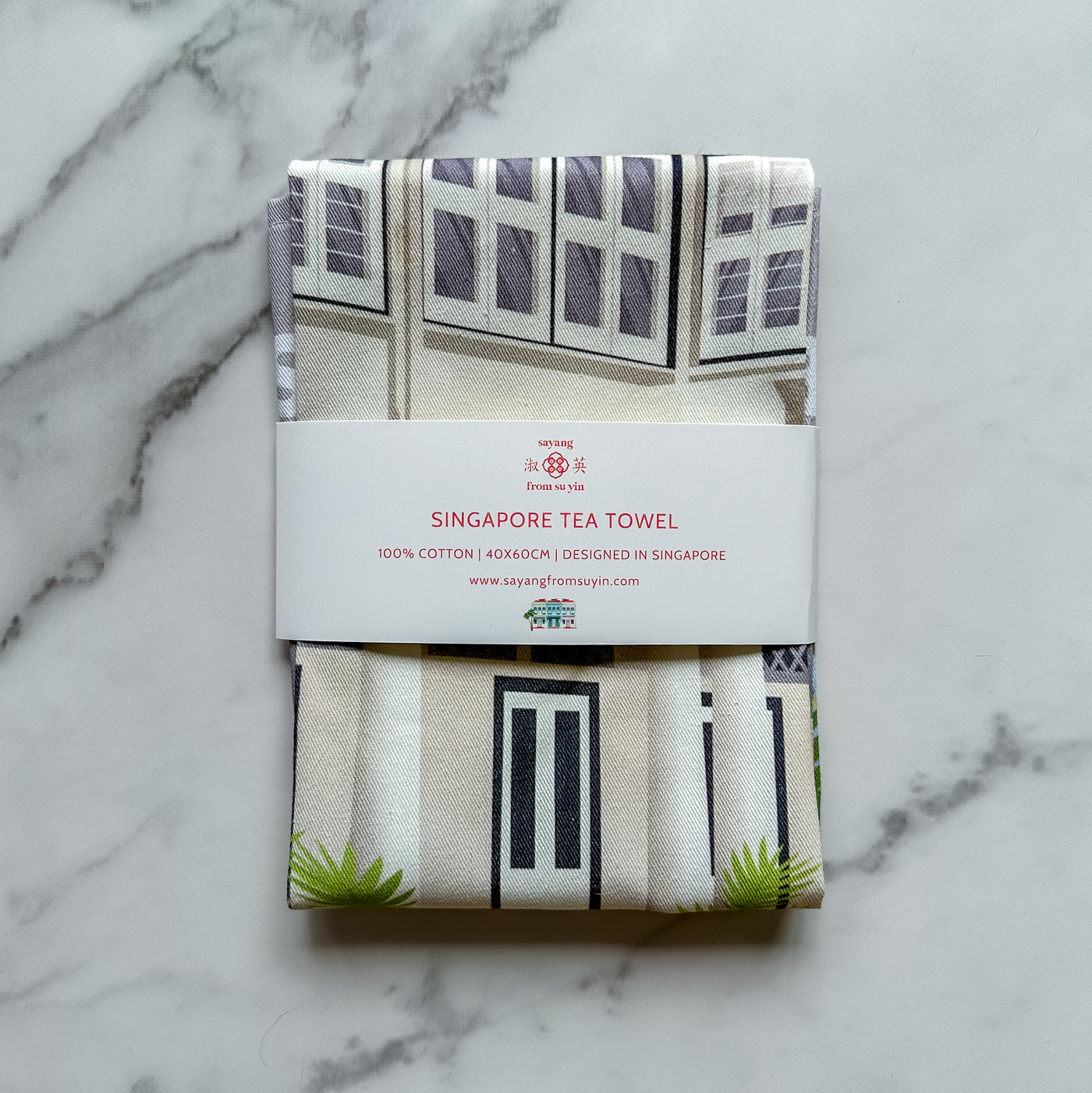 Singapore - Black and White Colonial House Tea Towel