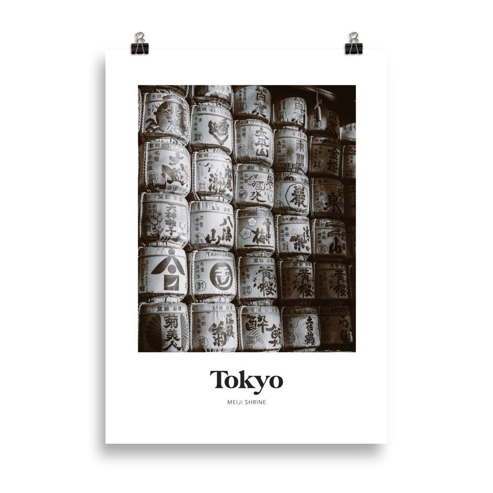 Tokyo - Black & White Meiji Shrine Sake Barrels Print