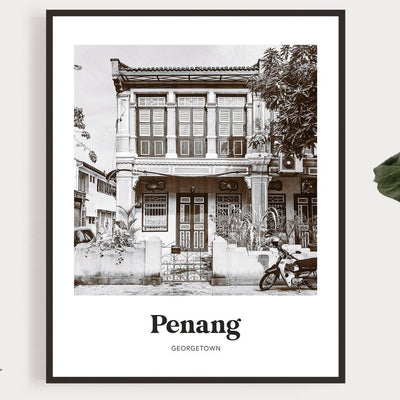 Penang - Black & White Georgetown Shophouse Print