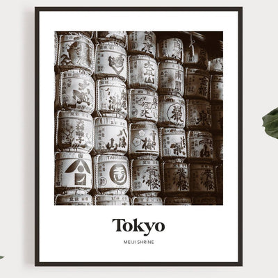 Tokyo - Black & White Meiji Shrine Sake Barrels Print